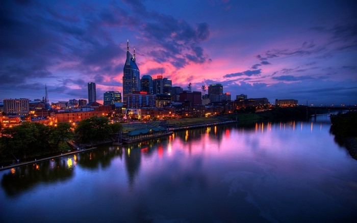 Nashville skyline at sunset over the river
