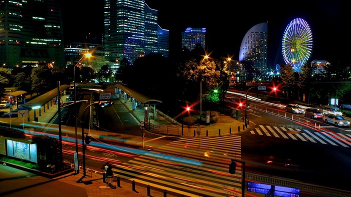 Yokohama cityscape at night with Ferris wheel