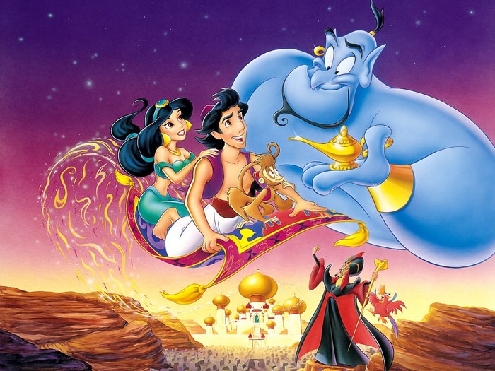 Aladdin and Jasmine Flying on the Magic Carpet with Genie