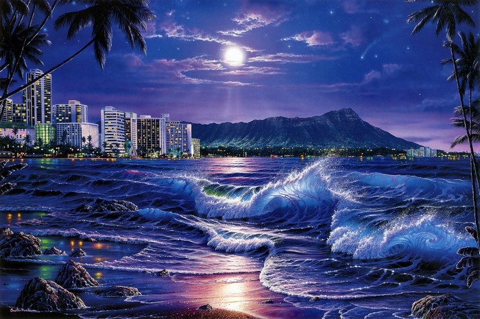 Nighttime Beach Scene with Cityscape and Mountains
