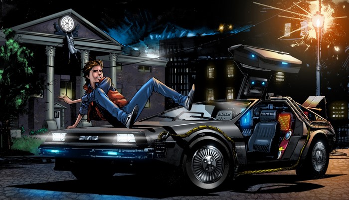 Marty McFly on the DeLorean from Back to the Future