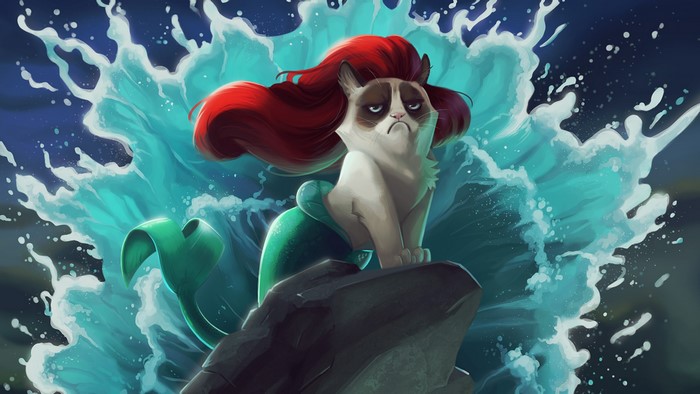 Grumpy Cat as a Mermaid on a Rock