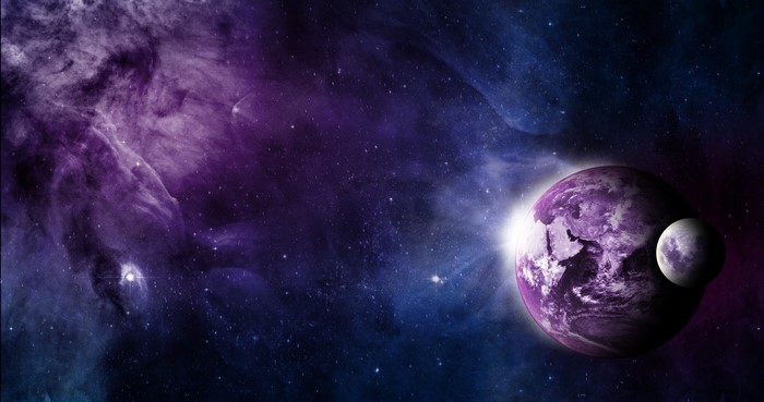 Purple planet and moon in a galaxy