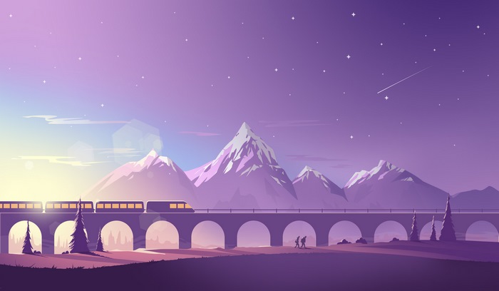 Minimalist train crossing a bridge with mountains at sunset