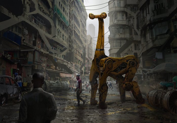 Cyberpunk city with a mechanical giraffe