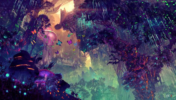 Fantasy forest with glowing mushrooms and butterflies