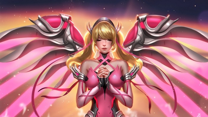 Mercy from Overwatch with pink wings