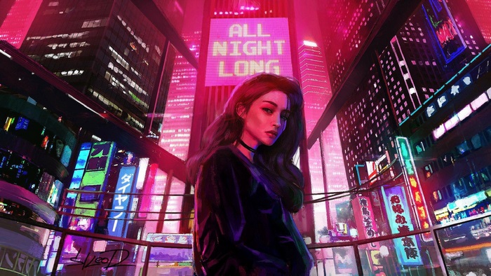 Woman in a neon city with "ALL NIGHT LONG" sign