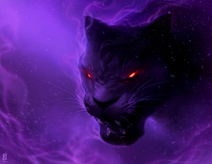 Digital art of a black panther with glowing red eyes