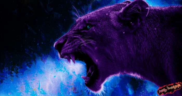 Purple lion roaring with blue nebula background
