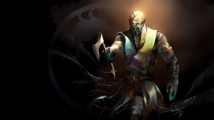 Scorpion from Mortal Kombat holding an axe