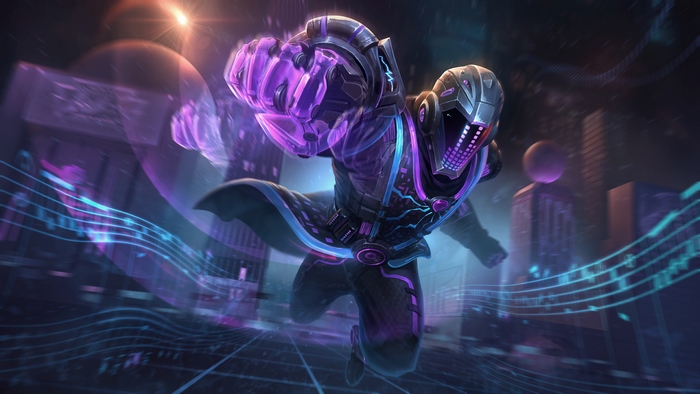 Robot with purple glowing fists in a futuristic city