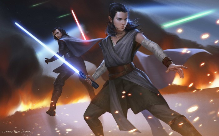 Rey and Kylo Ren from Star Wars with lightsabers