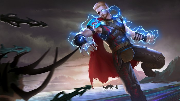 Thor with lightning powers fighting monsters