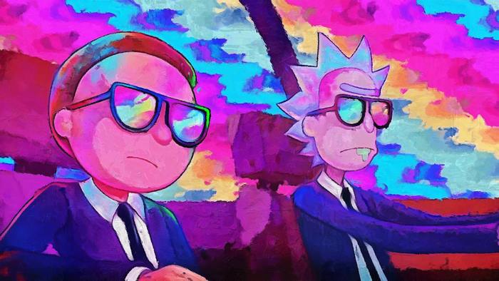 Rick and Morty in suits with sunglasses
