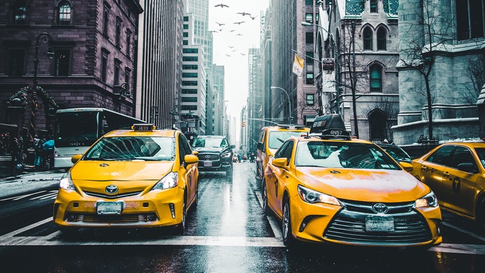 Yellow Taxis on a Wet New York City Street
