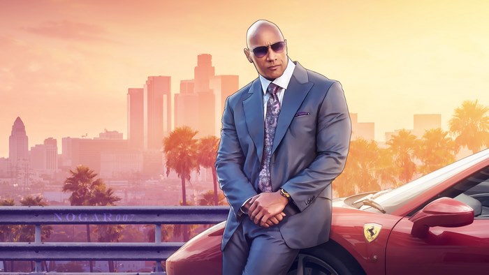 Dwayne Johnson in Suit with Ferrari and Cityscape