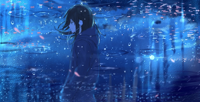 Anime girl listening to music in the rain