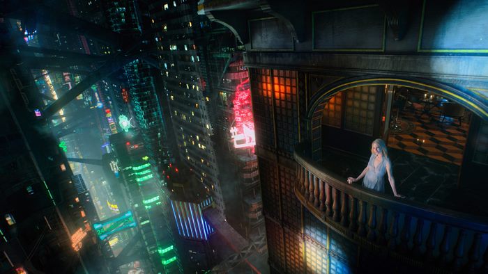 Woman on balcony overlooking futuristic city from Altered Carbon