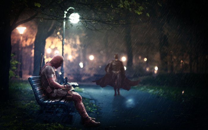 Deadpool and Batman in a rainy park at night