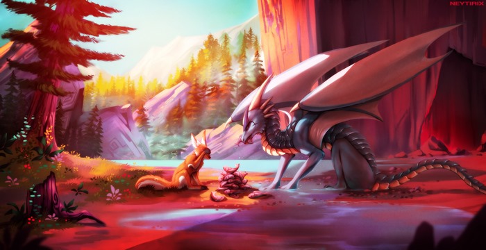 Dragon and fox sharing food by a stream