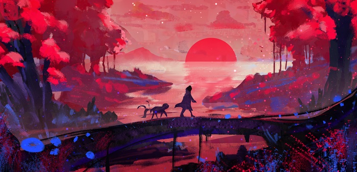 Sunset Walk Across a Bridge with Cat in Red Forest