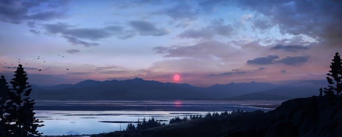 Digital art landscape of mountains at sunset with birds