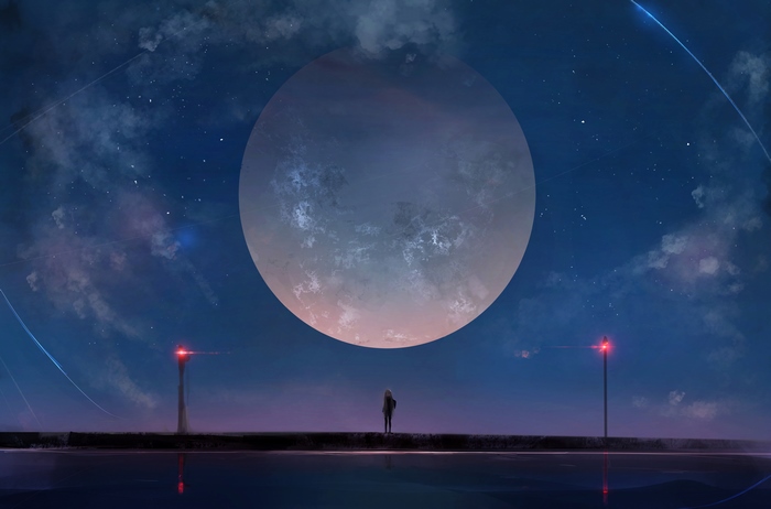 Anime girl under a large moon with stars