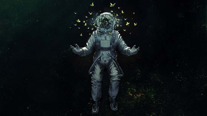 Astronaut with butterflies in space
