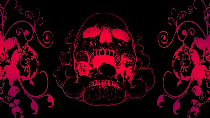 Artwork of a red skull with floral elements