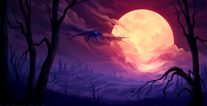 Dragon flying in front of a large moon