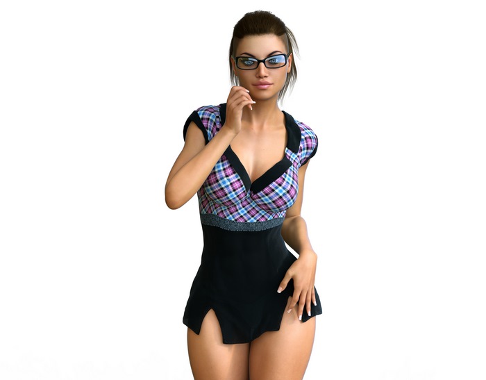 A 3D render of a woman with glasses