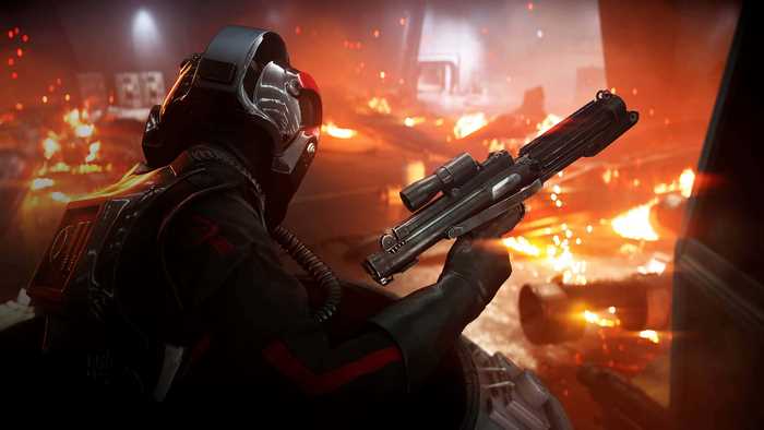 Stormtrooper aiming a blaster in Star Wars Battlefront II