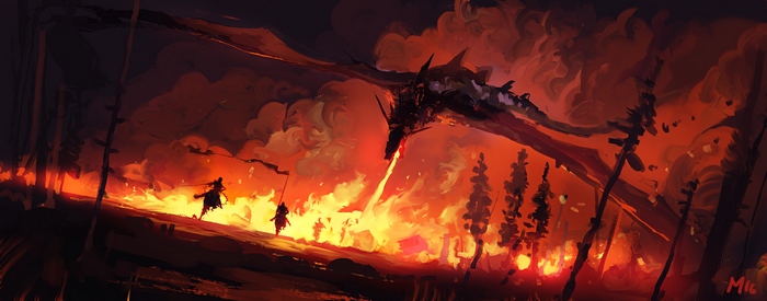 Dragon breathing fire on knights in a burning forest
