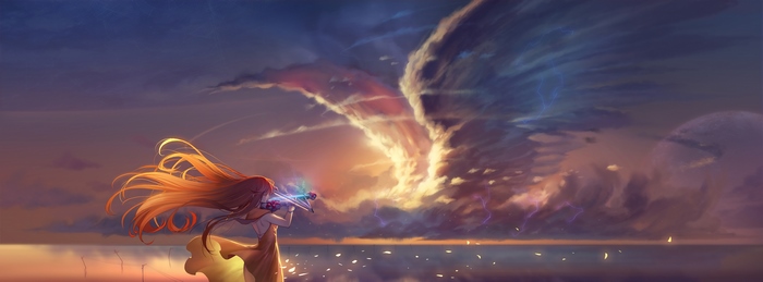 Anime girl playing violin with angel wings in the sky