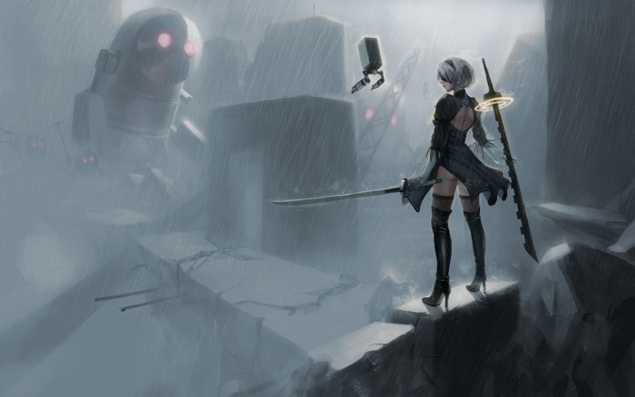 2B from Nier: Automata in a rainy, ruined city