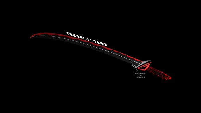 Republic of Gamers sword with "Weapon of Choice" text