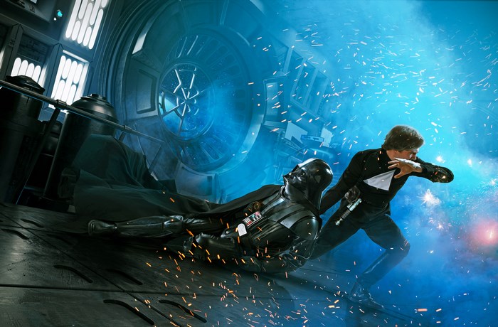 Darth Vader and Luke Skywalker fighting in Star Wars