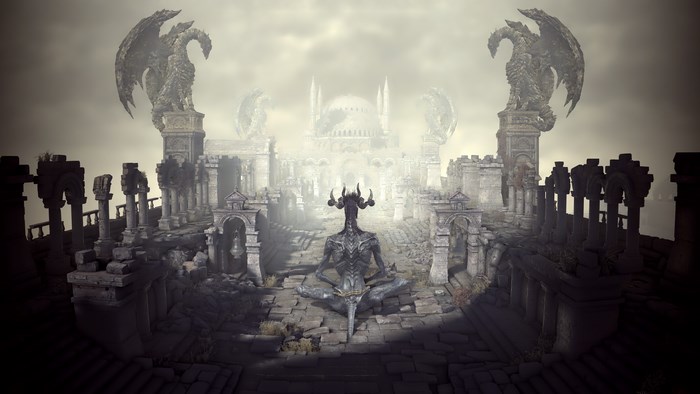 Demon meditating in ruins with dragon statues