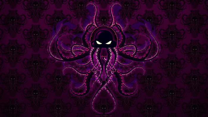 Purple octopus with glowing eyes on a patterned background