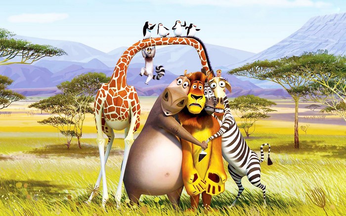 Madagascar movie characters in African savanna