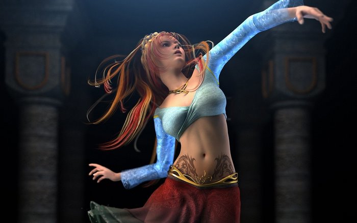 Fantasy girl dancing in ancient ruins