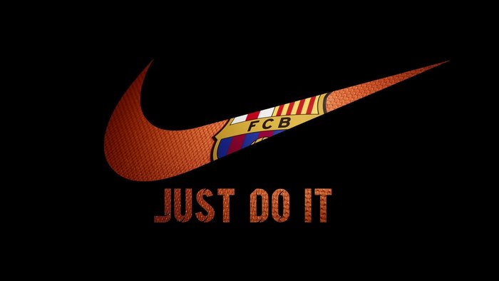 Nike logo with FC Barcelona crest and "JUST DO IT"