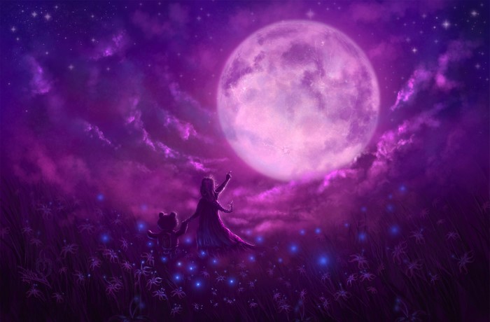 Girl and teddy bear under a large pink moon