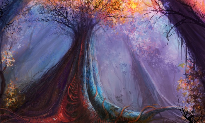 Fantasy forest with large trees and colorful leaves