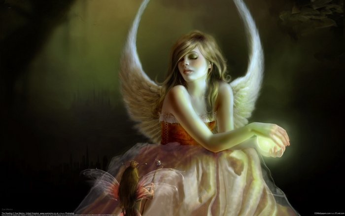 Angel holding a glowing orb with a fairy