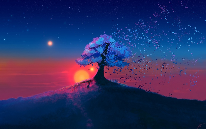 Digital art of a tree at sunset