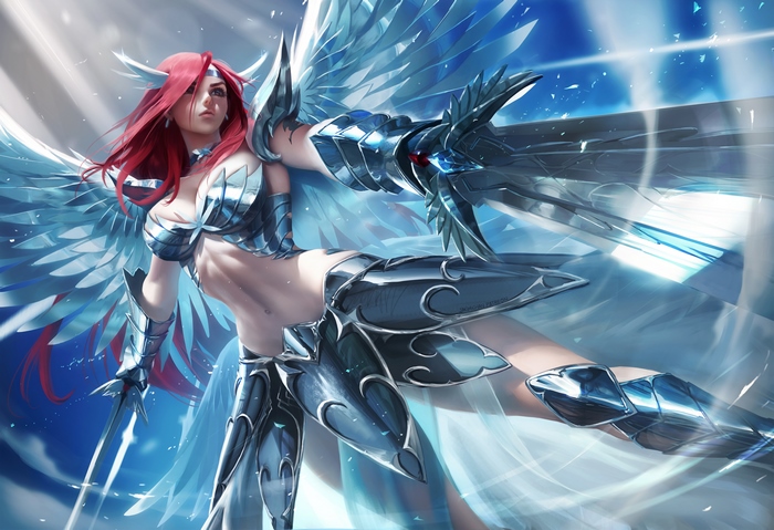 Anime warrior with red hair and wings