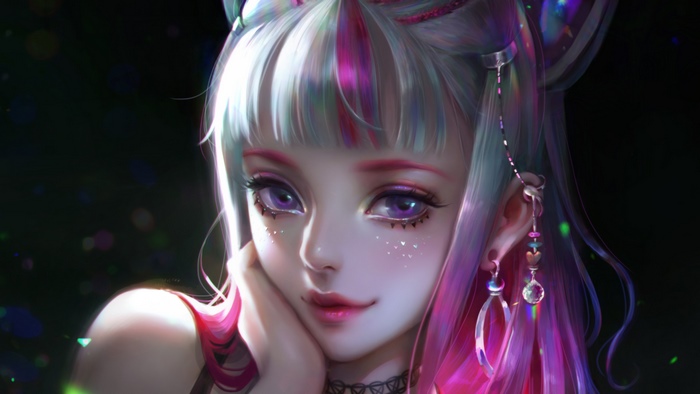 Anime girl with colorful hair and purple eyes