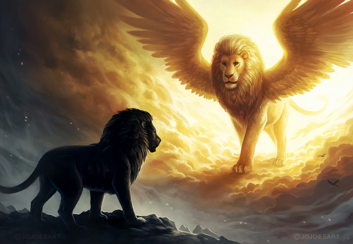 Winged lion confronting a dark lion